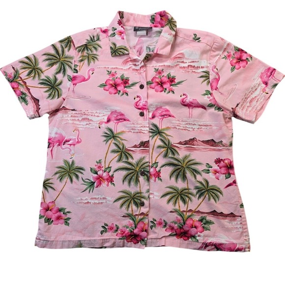 Puanani Tops - Hawaiian Tropical Aloha Flamingo Button Up Shirt Pink Womens M Puanani